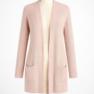 Halogen Cashmere Blush Pink Knit Long Cardigan Sweater Open Pockets M Coquette